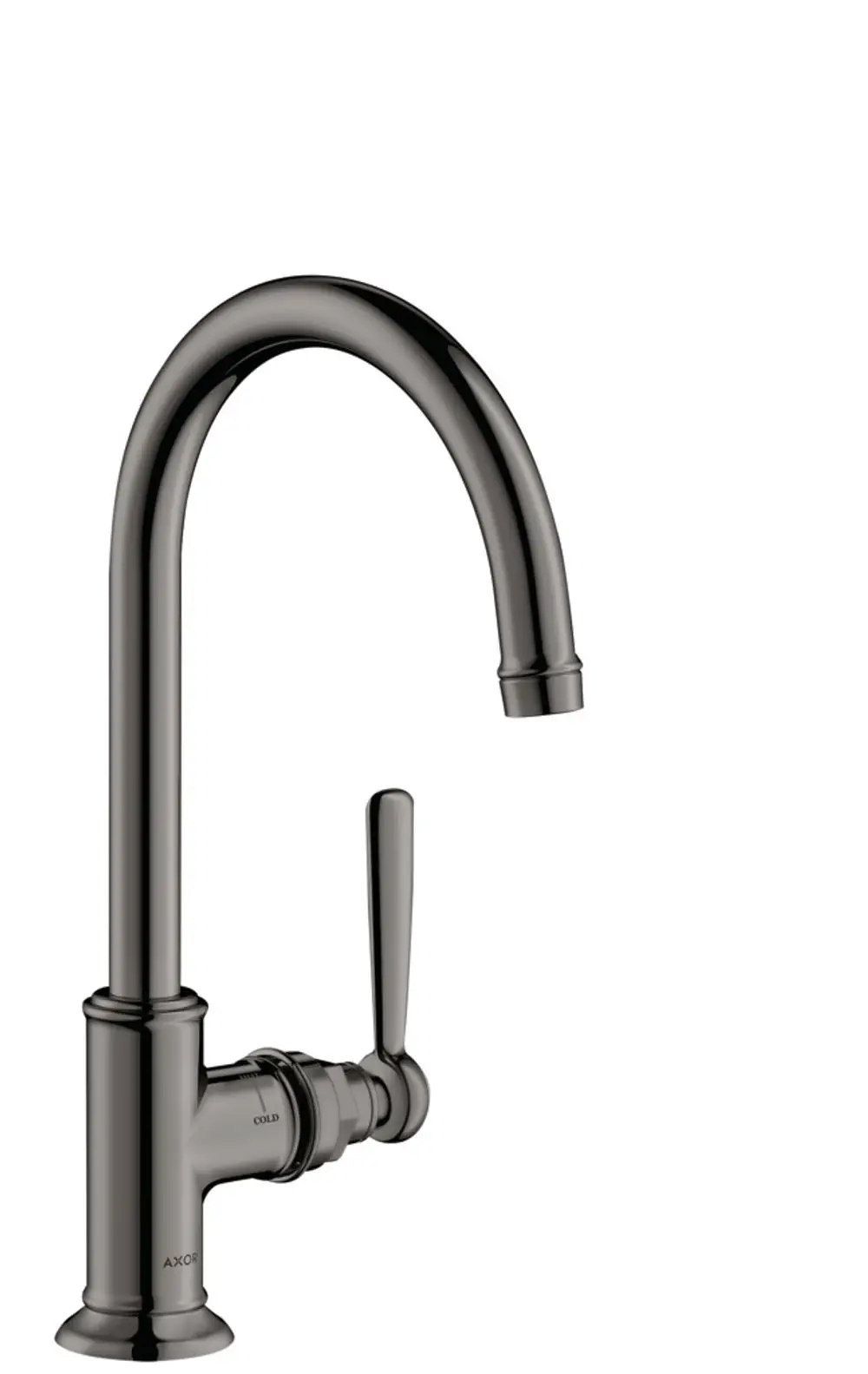 Schwarzer Küchenarmatur von AXOR mit hohem, gebogenem Auslauf und einem seitlichen Hebelgriff zur Steuerung des Wasserflusses.